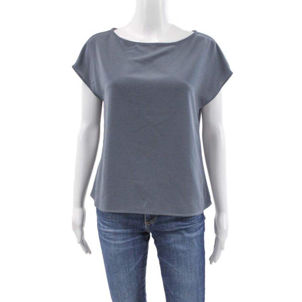 Of Mercer Women Basic Blouse Gray Boat Neck Short Sleeve Polyester Blend Size M